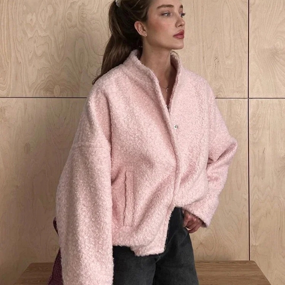 Pink Short Fur Jacket Coat For Women Autumn Winter Casual Stand Collar - Picture 6 of 9